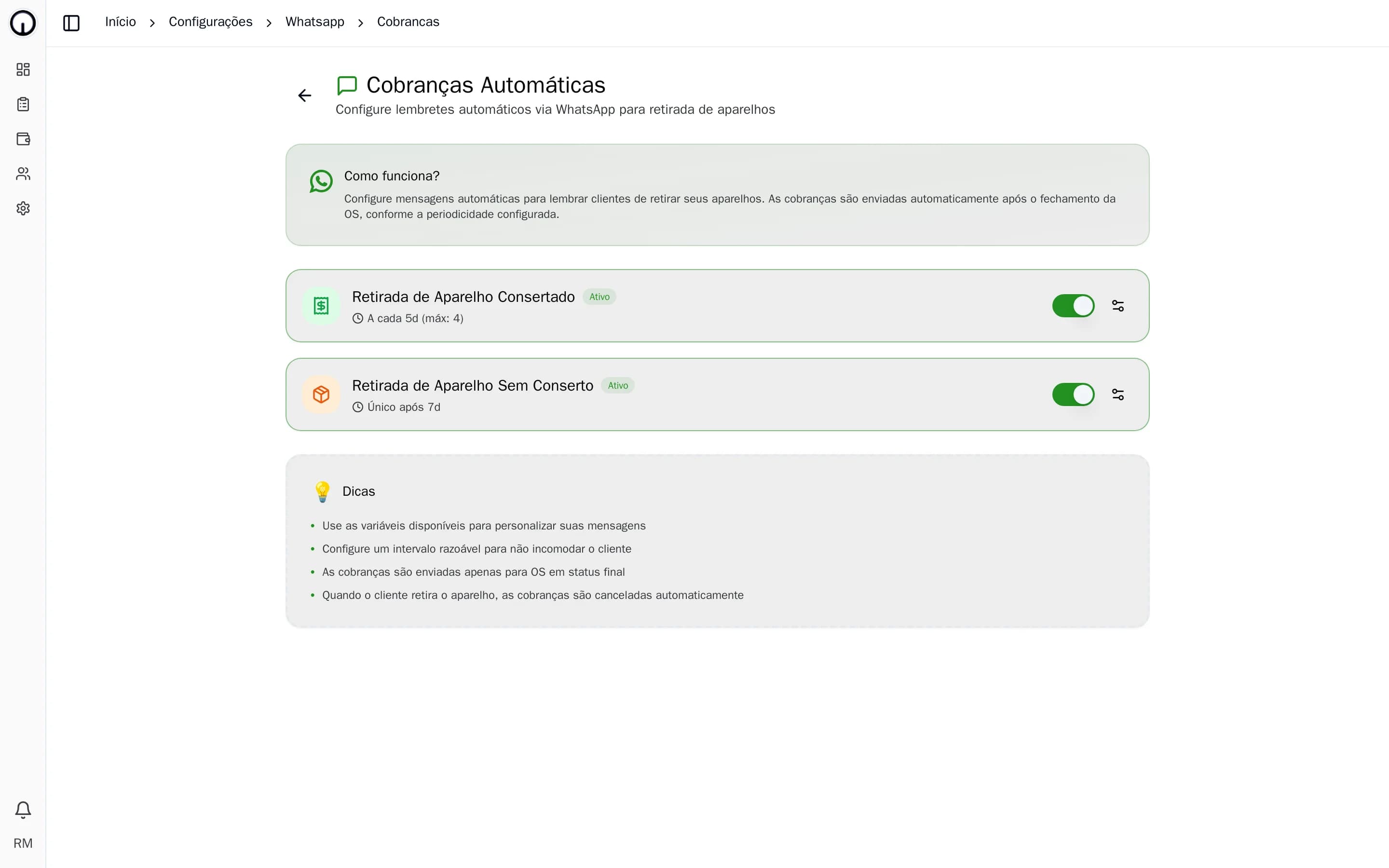 Tela de cobranças automáticas pelo WhatsApp no AgileOS