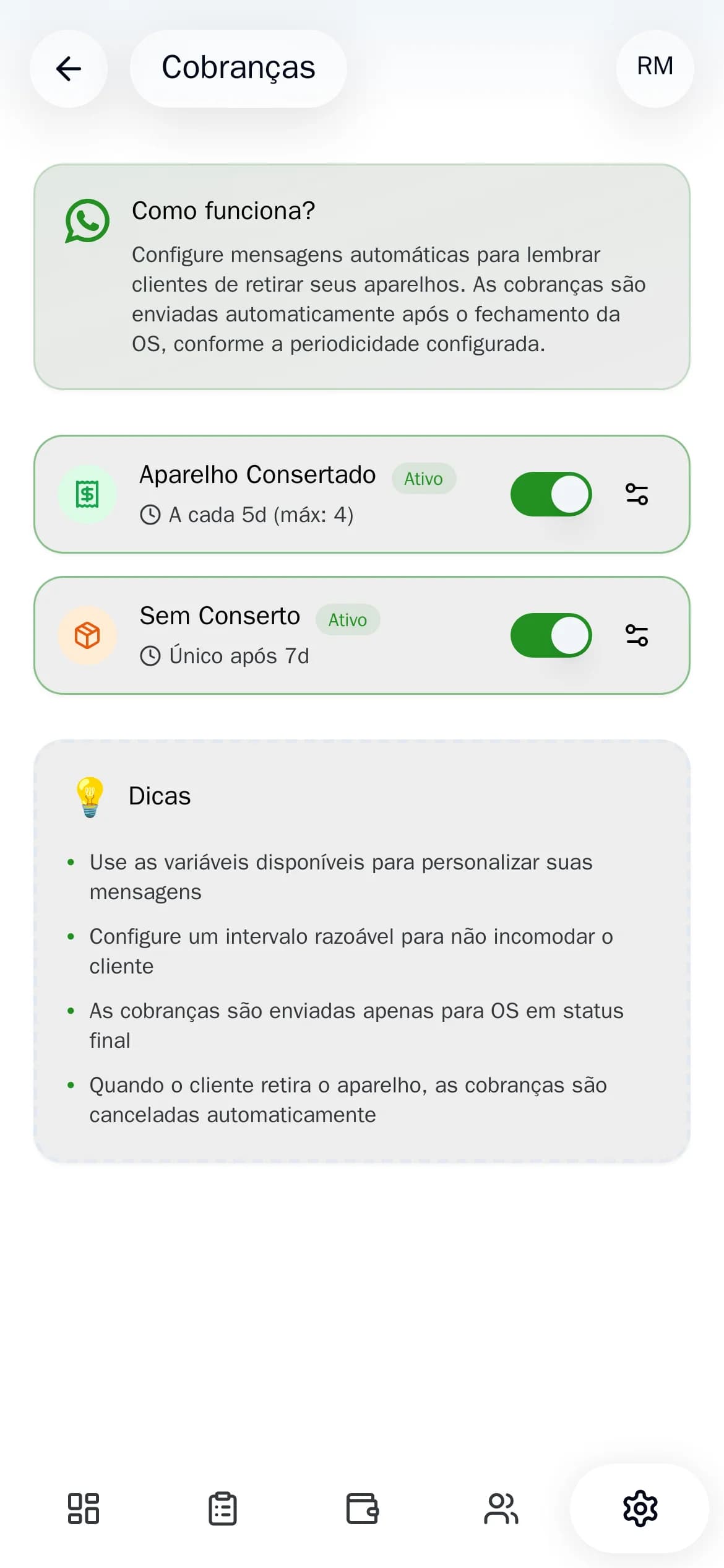 Cobranças automáticas pelo WhatsApp, vistas no celular