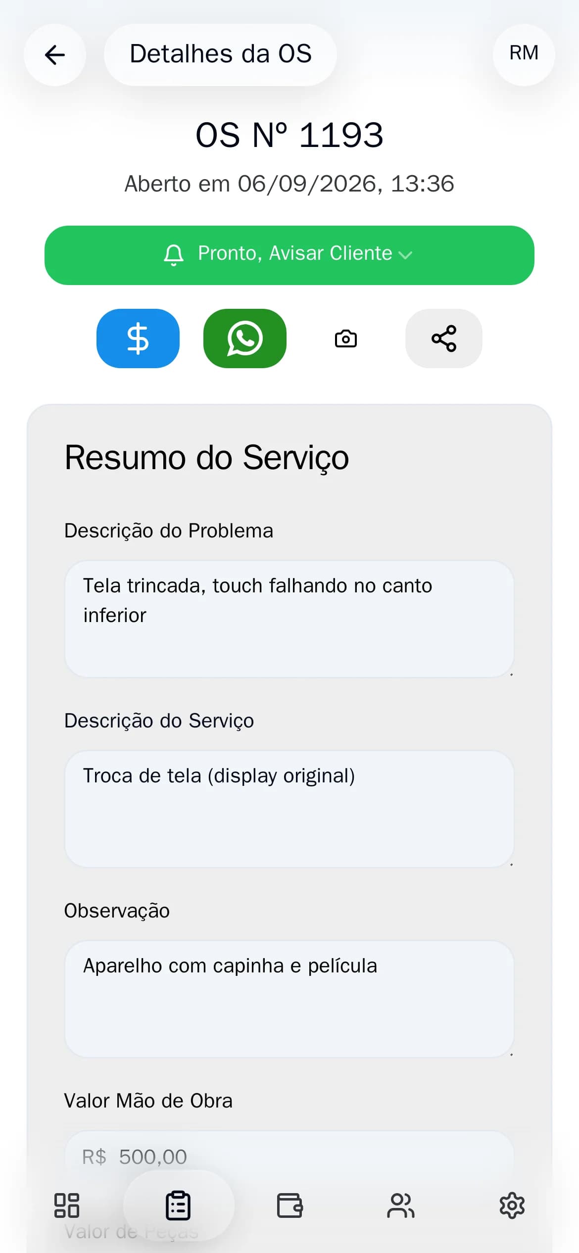 Ordem de serviço aberta no celular, com o botão verde para mandar WhatsApp ao cliente