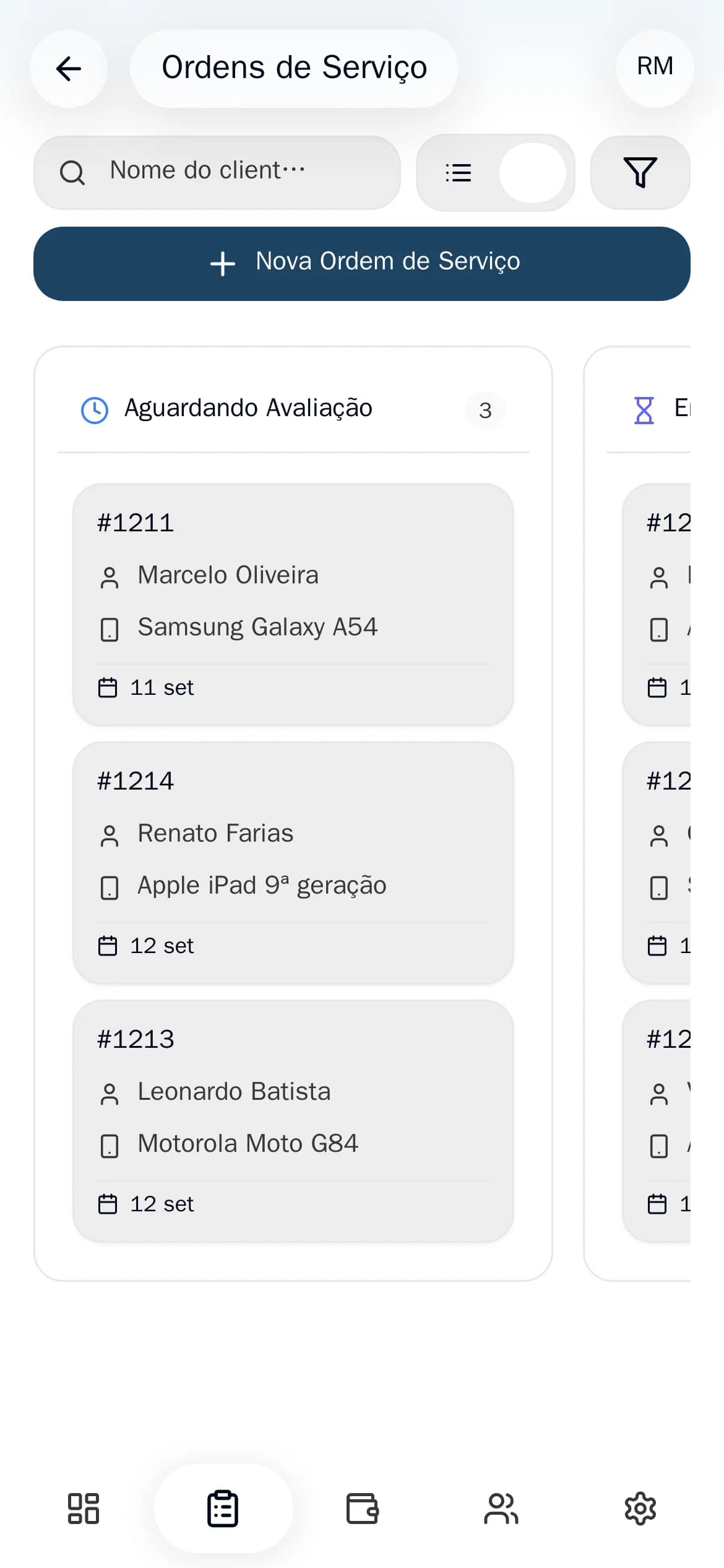 Quadro de ordens de serviço do AgileOS no celular